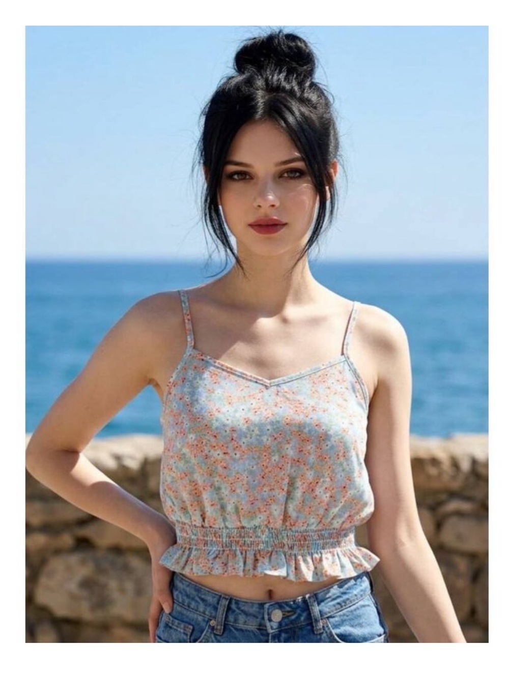 Light Blue Floral Smocked-Hem Cami Top - Picture 1 of 8
